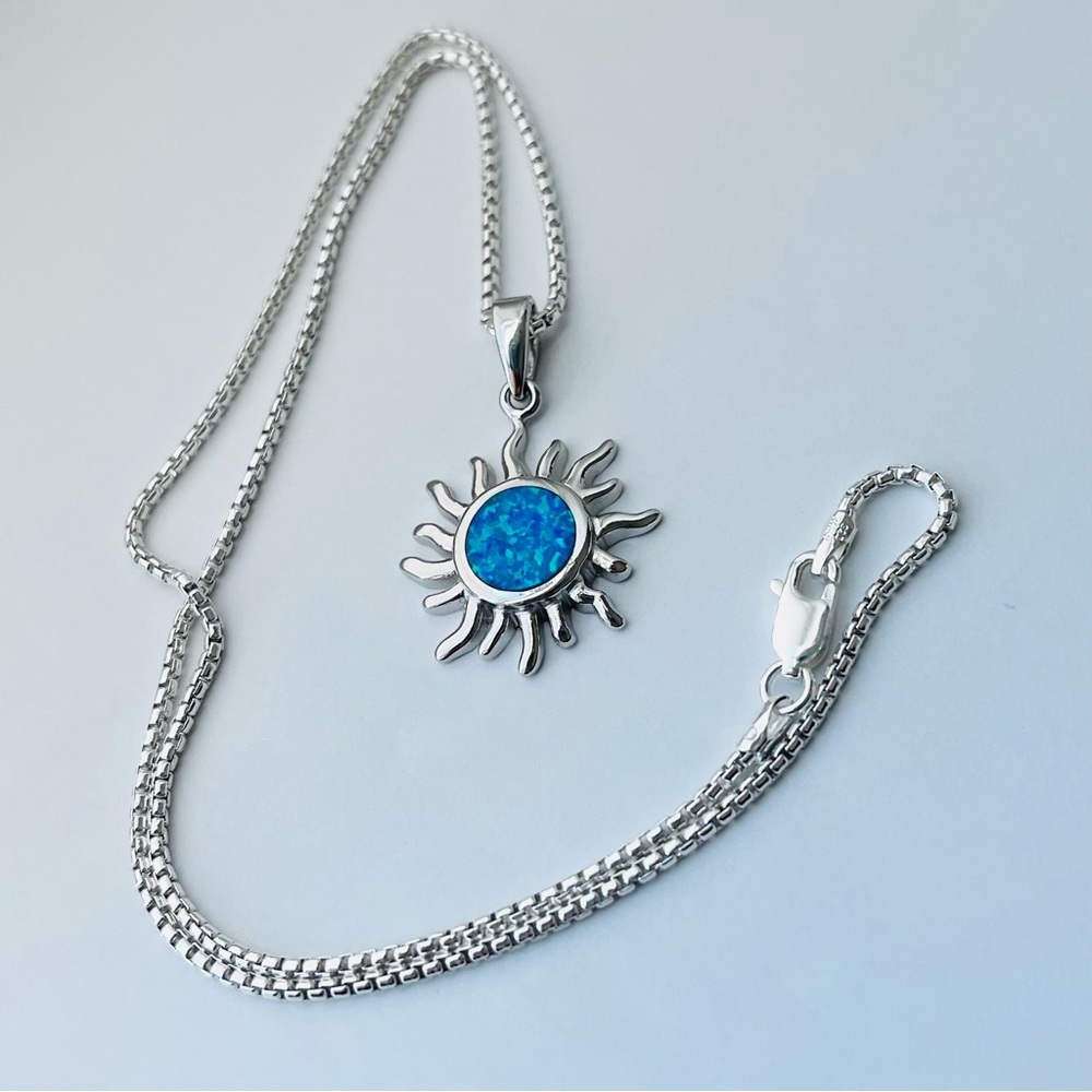 925 Sterling Silver Blue Lab Opal Blazing Sun Necklace, Sunshine Pendant Chain